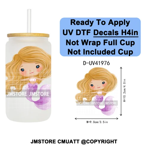 Cute Little Mermaid Cartoon Princess Festive UV DTF Transfer Stickers Decals Ready To Apply Waterproof For 16OZ Libbey Glass Can