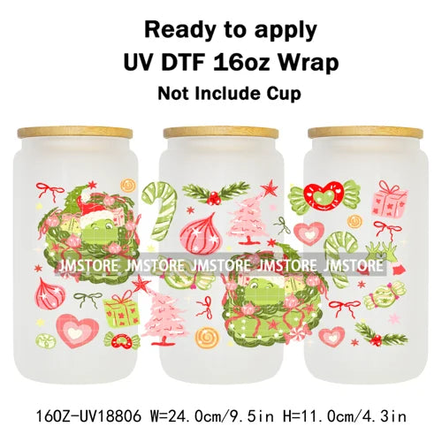 Coquette Bow Cartoon Christmas Green Guy UV DTF Cup Wrap Ready To Apply Transfer Stickers Waterproof For 16OZ Libbey Glass Can