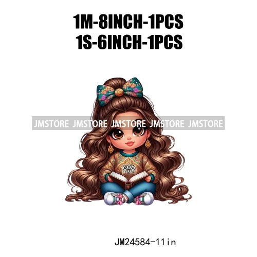 God First Chibi Cute Brown Hair Latina Dolls Baby Girls Coquette Bow Iron On DTF Transfer Stickers Ready To Press For Hoodies