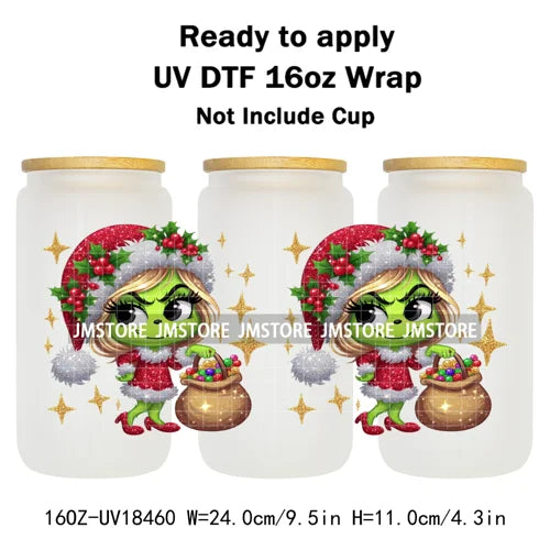 Faux Glitter Christmas Girl Green Guy UV DTF Stickers Ready To Apply Cup Wrap Custom Labels DIY Craft For Libbey Glass Can Mugs