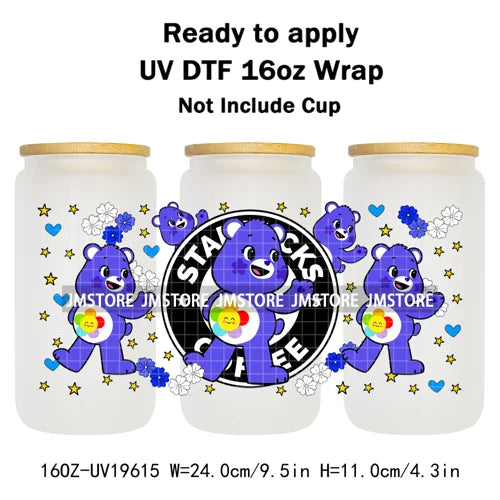 Cheerful Floral Hearts Cartoon Bears Clipart UV DTF Transfer Stickers Cup Tumbler Wrap For 16OZ Libbey Glass Bottle Cup Wraps