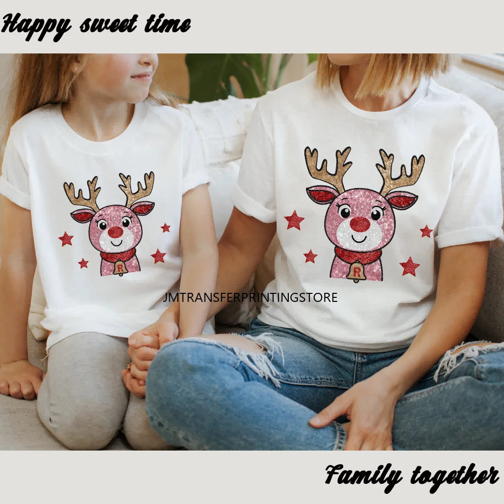 Faux Sequins Happy New Year 2024 Printing Santa Baby Reindeer Merry Christmas DTF Transfer Stickers Ready To Press For Hoodies