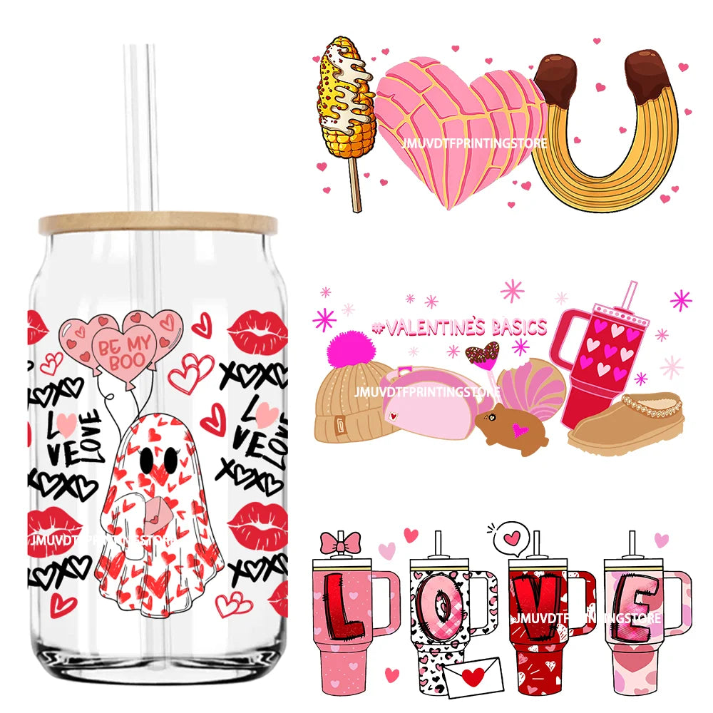 Valentine's Day Love 16OZ UV DTF Cup Wrap Transfer Stickers XOXO Hearts Custom Labels DIY Waterproof Logo For Libbey Glass Can