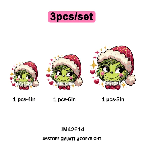 Faux Glitter Cartoon Christmas Movie Green Santa Kid Girly Xmas Iron on DTF Washable Transfer Sticker Ready to Press for Textile