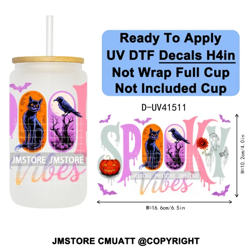 Spooky Highland Cow Halloween Ghosts Pumpkin UV DTF Decals Ready To Apply Waterproof Transfer Stickers For 16OZ Libbey Glass Can