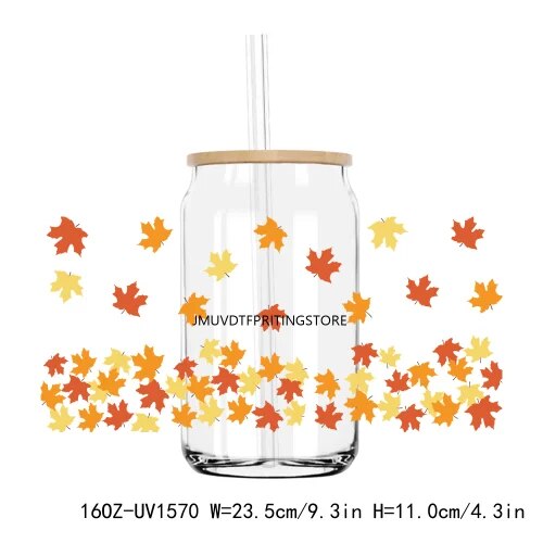 Fall Autumn Pumpkin Flower 16OZ UV DTF Cup Wrap Transfer Stickers Custom Labels DIY Durable Waterproof Logo For Libbey Glass Can