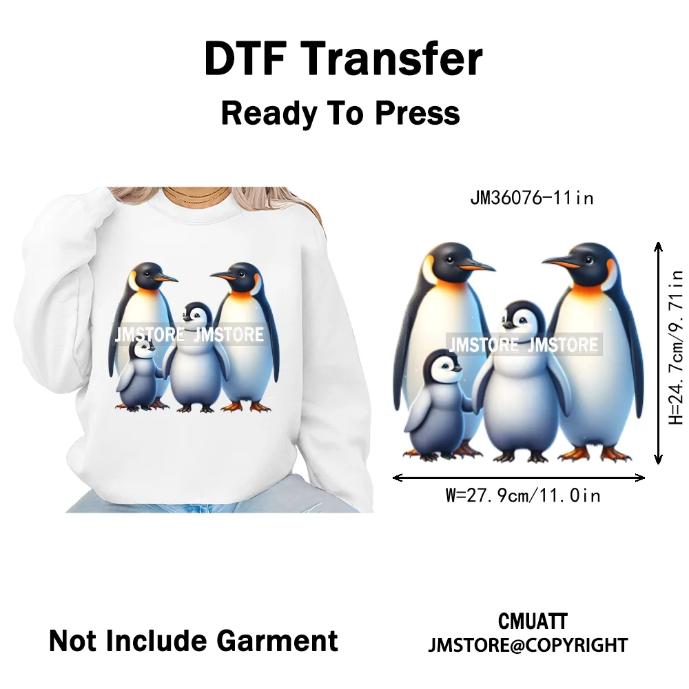 Cute Animal Penguins Coquette Hat Family Mom Father Baby Lovers Iron on DTF Heat Transfer Stickers Ready to Press for Hoodies
