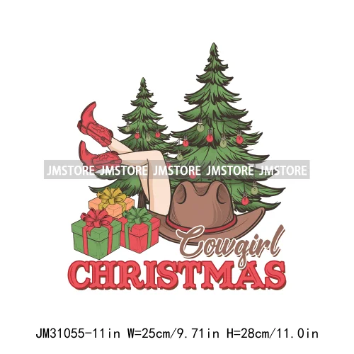 Funny Retro Western Merry Bright Country Christmas Cowgirl Howdy Tree Iron On DTF Transfers Stickers Ready To Press For Hoodies