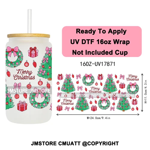Coquette Christmas Spooky Ghosts UV DTF Cup Wrap Ready To Apply Transfer Stickers Custom 16OZ Tumbler Wraps For Libbey Glass Can