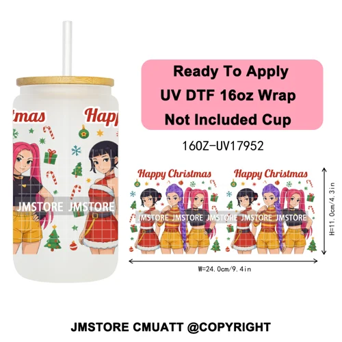 Kpop Demon Inspired Movie Christmas Santa Hat 16OZ UV DTF Cup Wrap Ready To Apply Durable Transfer Stickers For Libbey Glass Can