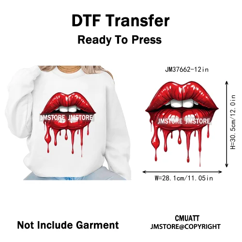12in Glossy Dripping Lips Streetwear Graffiti Trap Girls Iron on DTF Thermal Transfer Stickers Ready to Press for Woman Clothing
