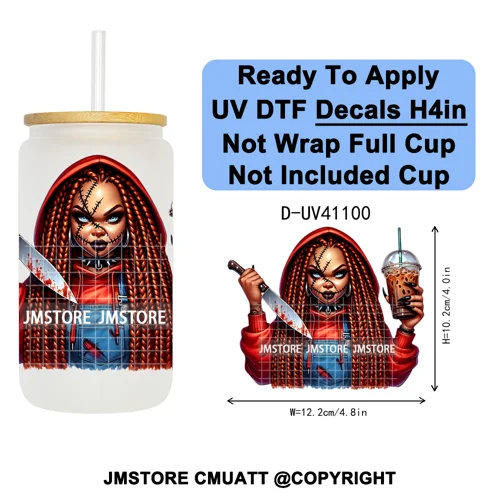 Scary Movie Character Afro Girls Halloween UV DTF Transfer Stickers Decals Ready To Apply Waterproof For 16OZ Libbey Glass Can