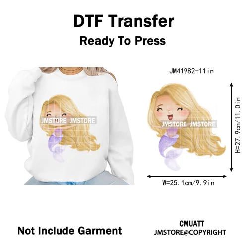 Cute Winter Christmas Girls Baby Mermaid Kids Cartoon Character Iron on DTF Washable Transfers Stickers Ready to Press for Texti