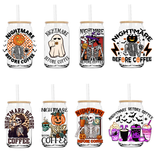 Skull Nightmare Before Coffee UV DTF Transfers Stickers Decals For Libbey Cold Cups Mugs Tumbler Waterproof DIY Craft