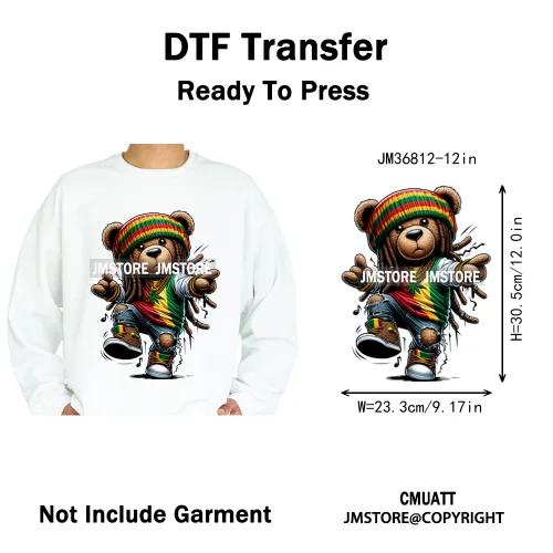 12in Cartoon Gangster Hip Hop Streetwear Teddy Bear Lover Designs Iron on DTF Heat Transfers Stickers Ready to Press for Hoodies