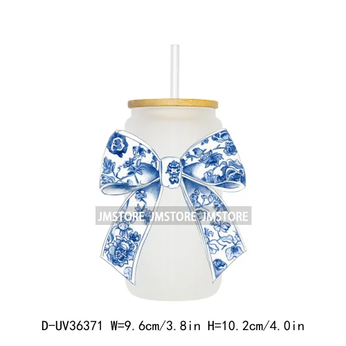 Blue Chinoiserie Coquette Bow UV Sticker Decals For Libbey Cold Cups Mug Tumbler Transfer Stickers Waterproof Top Quality Prints