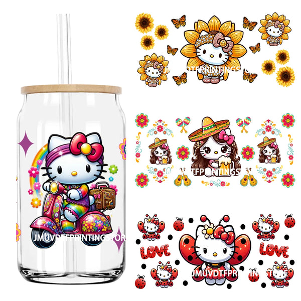 Cute Mexican Cartoon Cat With Flowers UV DTF Sticker For 16OZ Libbey Glass Cup Can Wrap Transfer Sticker Custom Labels DIY Logo