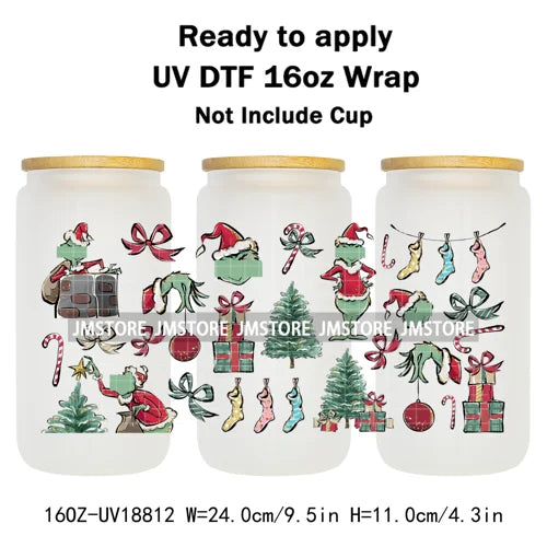 Coquette Bow Cartoon Christmas Green Guy UV DTF Cup Wrap Ready To Apply Transfer Stickers Waterproof For 16OZ Libbey Glass Can