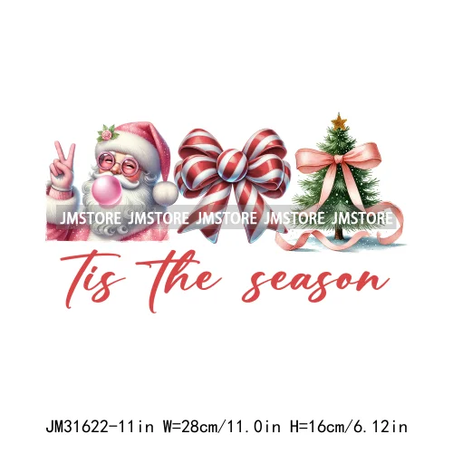 Tis The Season Blowing Bubble Santa Claus Coquette Bow Tree Christmas Iron On DTF Transfers Stickers Ready To Press For Hoodies