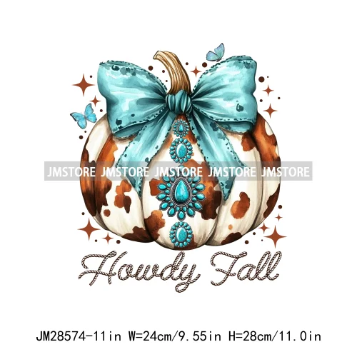 Howdy Pumpkin Ghost Western Fall Vibes Turquoise Coquette Bow Autumn Iron On DTF Transfer Sticker Ready To Press For T-shirts