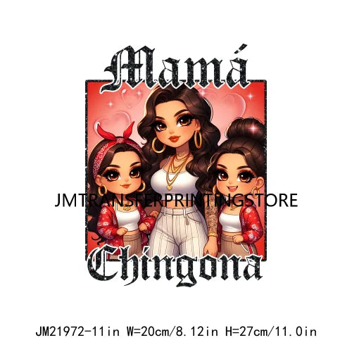 Latina Chicano Mom Iron On Transfer Patches Mama Chingona Mexican Chibi Style Mother's Day DTF Transfer Stickers For Hoodies