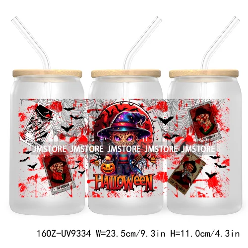 Horror Characters 16OZ UV Cup Wrap DTF Transfer Stickers For Libbey Glass Can Cups Tumbler Waterproof Labels Halloween Skull