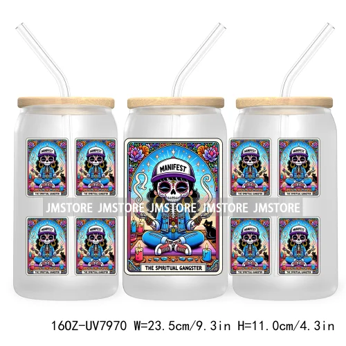 Funny Tarot Card UV DTF Sticker For 16OZ Libbey Glass Cup Can Wrap Transfer Sticker Custom Label DIY Logo Mexican Skeleton Skull