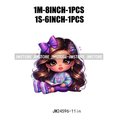 God First Chibi Cute Brown Hair Latina Dolls Baby Girls Coquette Bow Iron On DTF Transfer Stickers Ready To Press For Hoodies