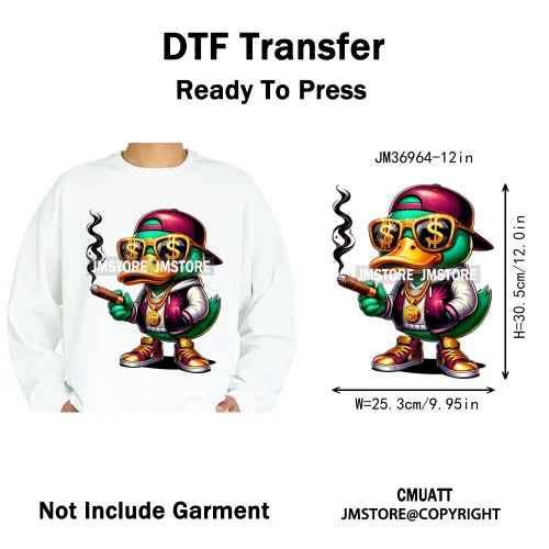 12in Cool Urban Trap Style King Animal Rich Ducks With Gold Chain Iron on DTF Heat Transfer Sticker Ready to Press for Clothing