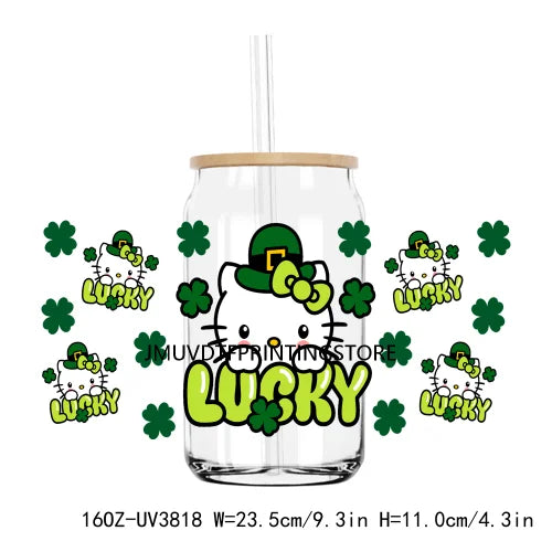 Cartoon St. Patrick's Day 16OZ UV DTF Cup Wrap Transfer Stickers Mouse Cat Custom Label DIY Waterproof Logo For Libbey Glass Can