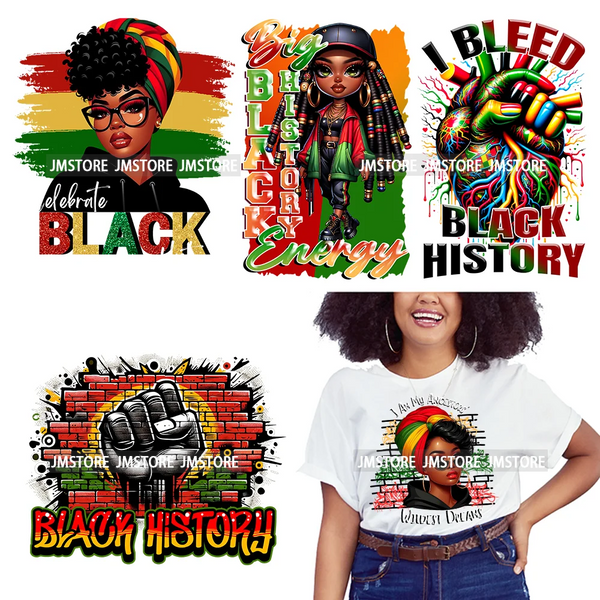 Big Black History Energy Proud Afro Woman Juneteenth Fist Breaking Chains Iron On DTF Heat Press Transfers Stickers For T-shirts