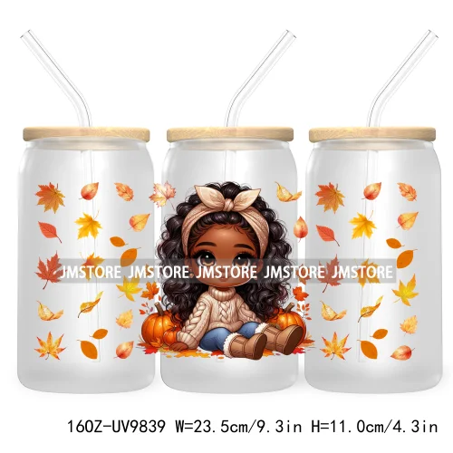 Afro African Girl 16OZ UV Cup Wrap DTF Transfer Stickers For Libbey Glass Can Cups Tumbler Fall Season Autumn Waterproof Labels