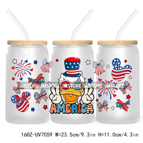 Happy 4TH Of July Cartoon Bear Friends 16OZ UV DTF Cup Wrap Transfer Stickers For Libbey Glass Can Cups Tumbler Waterproof Craft