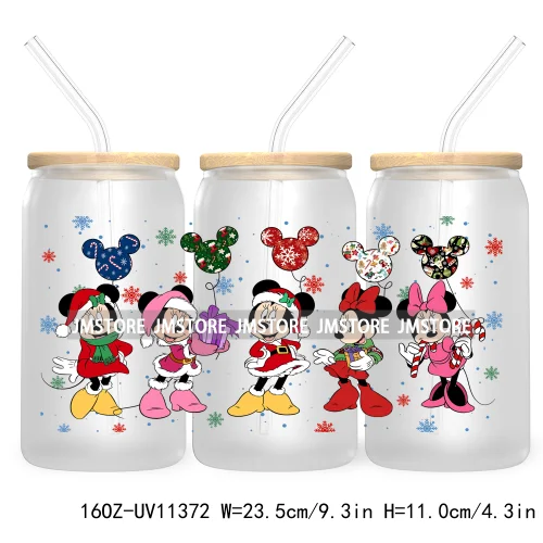 Cute Kids Cartoon Character With Christmas Lights Tree Xmas Holiday UV DTF Transfer 16OZ Libbey Glass Can Wrap Ready to Apply