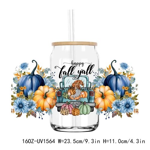 Fall Autumn Pumpkin Flower 16OZ UV DTF Cup Wrap Transfer Stickers Custom Labels DIY Durable Waterproof Logo For Libbey Glass Can