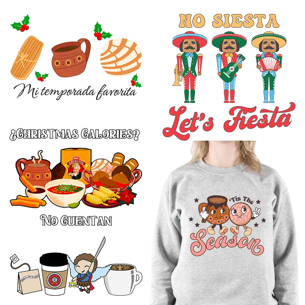 Latin Culture Tacaos Cafecito ChoColatito Pan Dulce Jesus Concha Designs DTF Let's Fiesta Mexican Transfers Stickers For Clothes