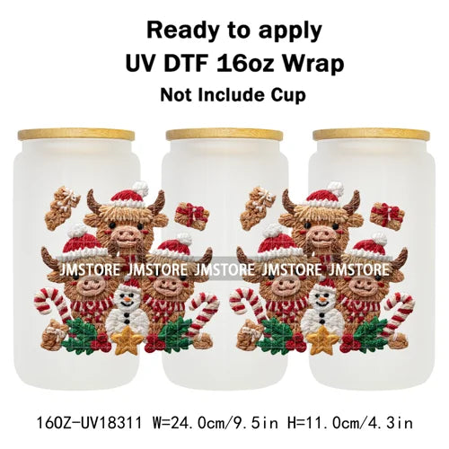 Faux Crochet Yarn Christmas Highland Cow 16OZ UV DTF Cup Wraps Ready To Apply Waterproof Transfer Stickers For Libbey Glass Can