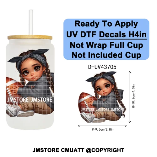 Cute Latina Baby Girl American Football UV DTF Cup Decals Ready To Apply Transfer Stickers Durable For Libbey Glass Can Tumbler