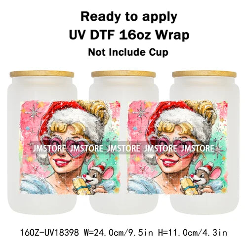 Brushstroke Christmas Glitter Princess UV DTF Cup Wrap Ready To Apply Transfer Stickers 16OZ Tumbler Wraps For Libbey Glass Can