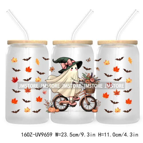 Spooky Ghost Fall Halloween Pumpkin Season UV DTF Sticker For 16OZ Libbey Glass Cup Can Autumn Leaves Wrap Transfer Stickers