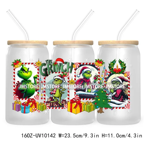 Christmas Coffee Cups Green Guy 16OZ UV Cup Wrap DTF Transfer Stickers For Libbey Glass Can Cup Tumbler Waterproof Label Cartoon