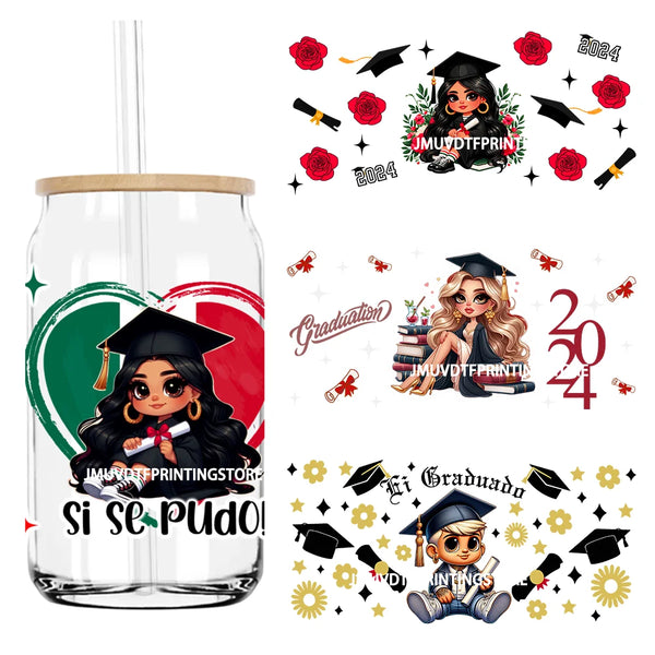 Chicano Graduation 2024 UV DTF Sticker For 16OZ Libbey Glass Cup Can Senior Girls Wrap Transfer Sticker Custom Labels DIY Logo