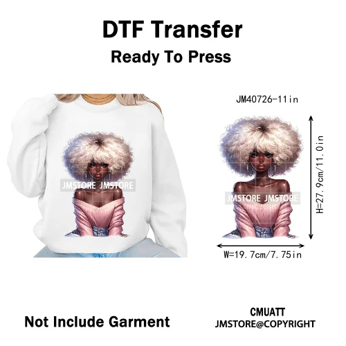 Sassy Curly Afro Women Fashion Hairstyle Urban Melanin Girls Iron on DTF Washable Transfers Stickers Ready to Press for Textile