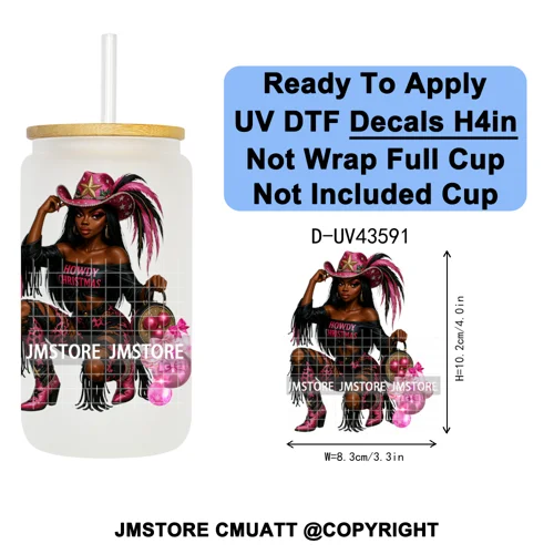 Howdy Afro Black Cowgirl Christmas UV DTF Decals Ready To Apply Waterproof Transfer Stickers For 16OZ Libbey Glass Can Bottle