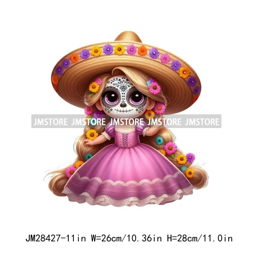 Colorful Day Of The Dead Catrina Princess Baby Girl Sombrero Hat Mexico Conchas Iron On DTF Heat Transfers Stickers For Clothing