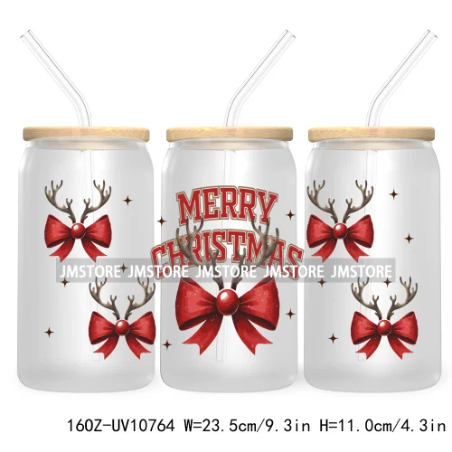 Christmas Highland Cow Coquette Bow 16OZ UV DTF Cup Wrap Waterproof Transfer Stickers For Libbey Glass Can Christmas Gingerbread