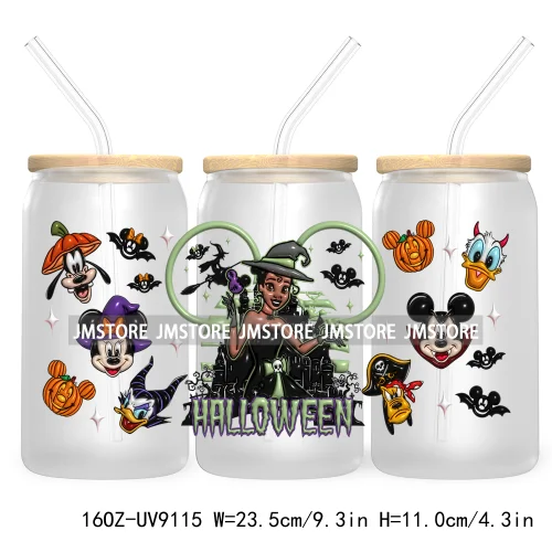 3D Halloween Princess UV DTF Sticker For 16OZ Libbey Glass Cup Can Wrap Transfer Stickers Custom Labels DIY Logo Bats Pumpkin