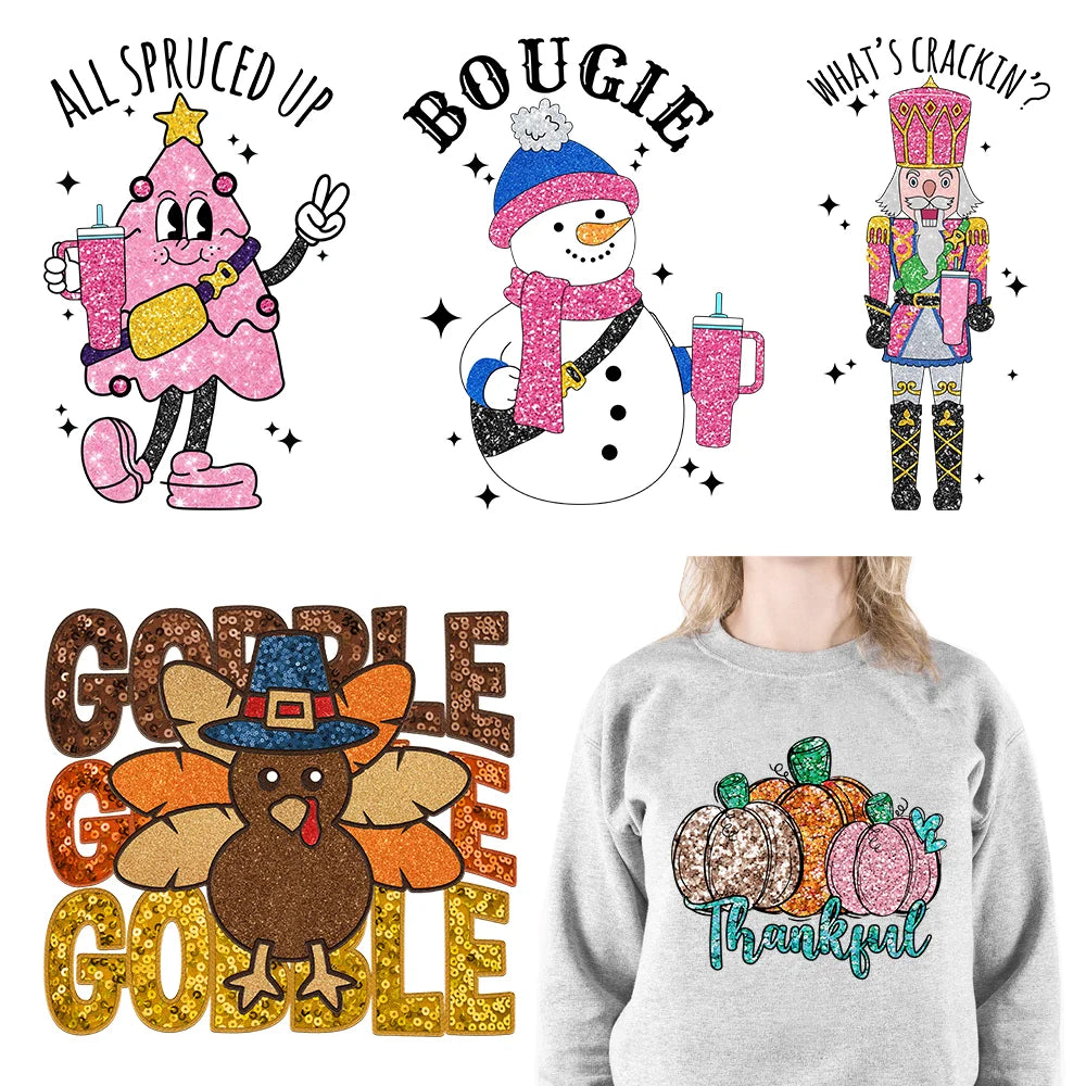 Faux Sequins Christmas Xmas DTF Decals Cozy Season Bougie Snowman Santa Wonderful Time Of The Year Transfer Stickers For T-Shirt