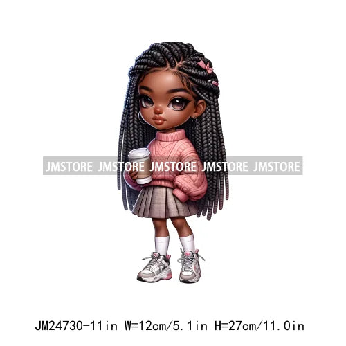 Dreadlocks Coffee Chibi Black Girls Pink Fashion African American Denim Girl Iron On DTF Heat Press Transfer Stickers For Shirts