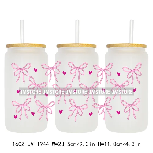 Girly Coquette Bows Heart Pink 16OZ UV DTF Cup Wrap Transfer Stickers Custom Labels Durable Waterproof Logo For Libbey Glass Can